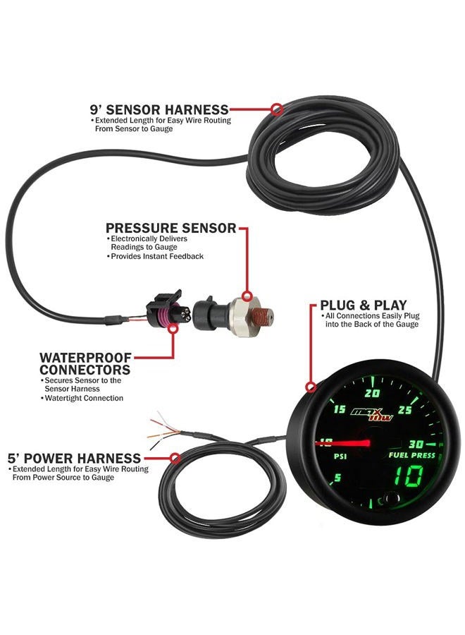 MaxTow Double Vision 30 PSI Fuel Pressure Gauge Kit - Includes Electronic Sensor - Black Gauge Face - Green LED Illuminated Dial - Analog & Digital Readouts - for Diesel Trucks - 2-1/16" 52mm - Image 3