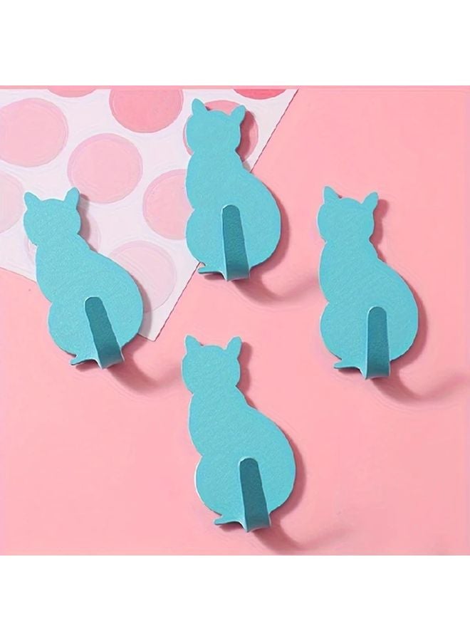 Blue Cat Shaped Self Adhesive Hooks 4pcs No Drill Easy Install for Keys Towels - Image 1