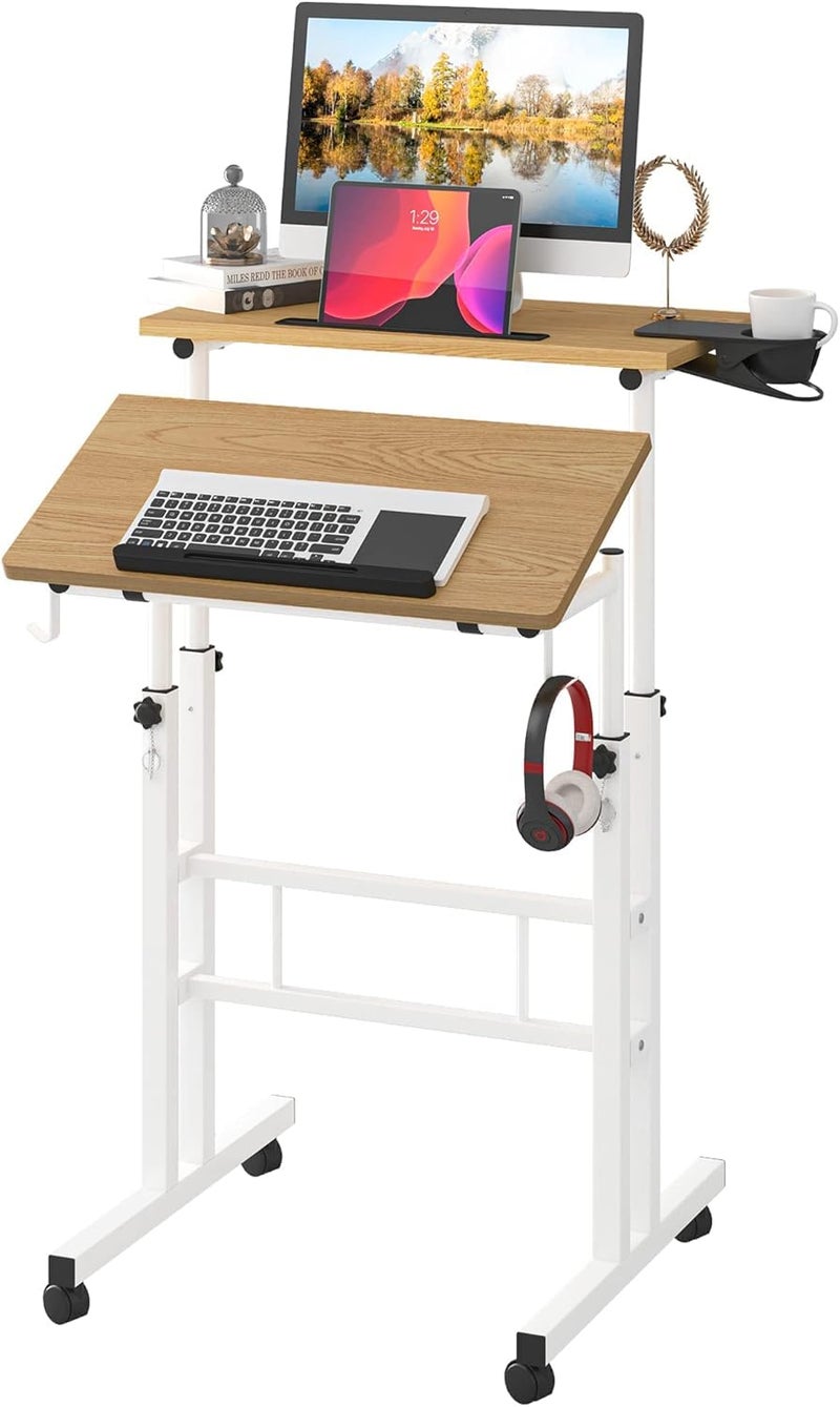 Klvied Mobile Standing Desk with Removable Cup Holder, Portable and Easy to Move, Ideal for Home or Office, Khaki - Image 1