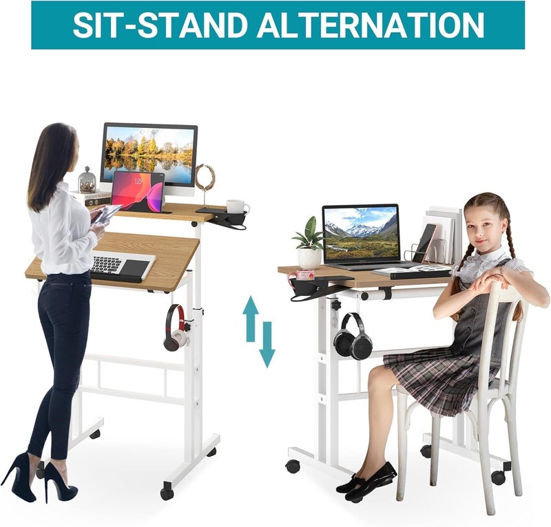 Klvied Mobile Standing Desk with Removable Cup Holder, Portable and Easy to Move, Ideal for Home or Office, Khaki - Image 5