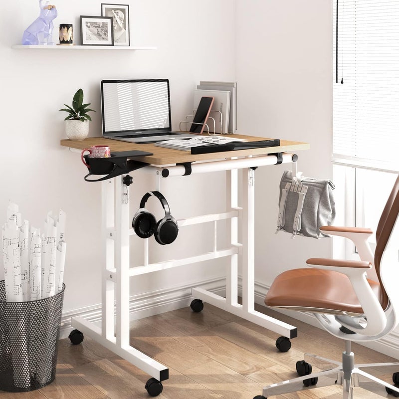 Klvied Mobile Standing Desk with Removable Cup Holder, Portable and Easy to Move, Ideal for Home or Office, Khaki - Image 2