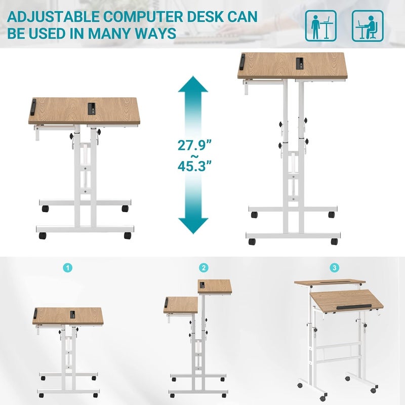 Klvied Mobile Standing Desk with Removable Cup Holder, Portable and Easy to Move, Ideal for Home or Office, Khaki - Image 3