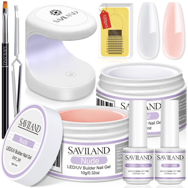 SAVILAND Builder Nail Gel Set 2 Basic Colors Nail Extension Kit with Foundation Gel Top Gels LED Lamp Brush 100 Pcs Nails Forms at Home Salon
