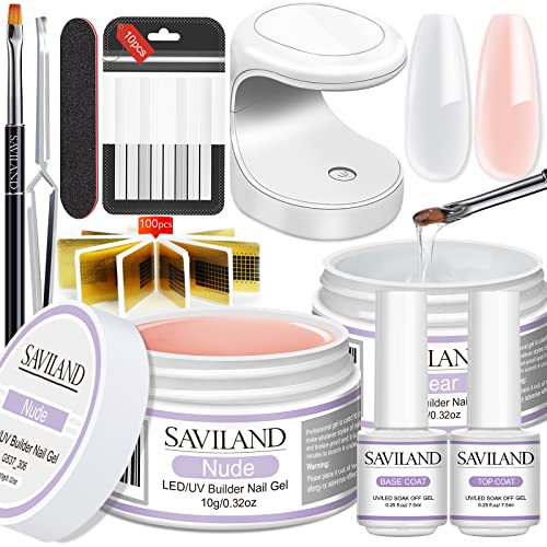 SAVILAND Builder Nail Gel Set - 2 Basic Colors Nail Extension Kit for Thickening Strengthening & Apex Building with Foundation Gel Top Gels LED Lamp Brush 100 Pcs Nails Forms for Home Salon - Image 1