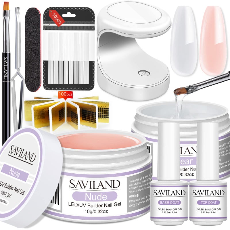 SAVILAND Builder Nail Gel Set - 2 Basic Colors Nail Extension Kit for Thickening Strengthening & Apex Building with Foundation Gel Top Gels LED Lamp Brush 100 Pcs Nails Forms for Home Salon - Image 2