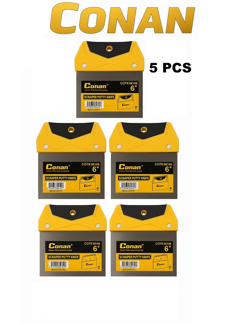 Conan Set of 5 CONAN Putty Scraper Knives – Model COTK08106 – 6" Stainless Steel Blades with Ergonomic Handles - Image 1