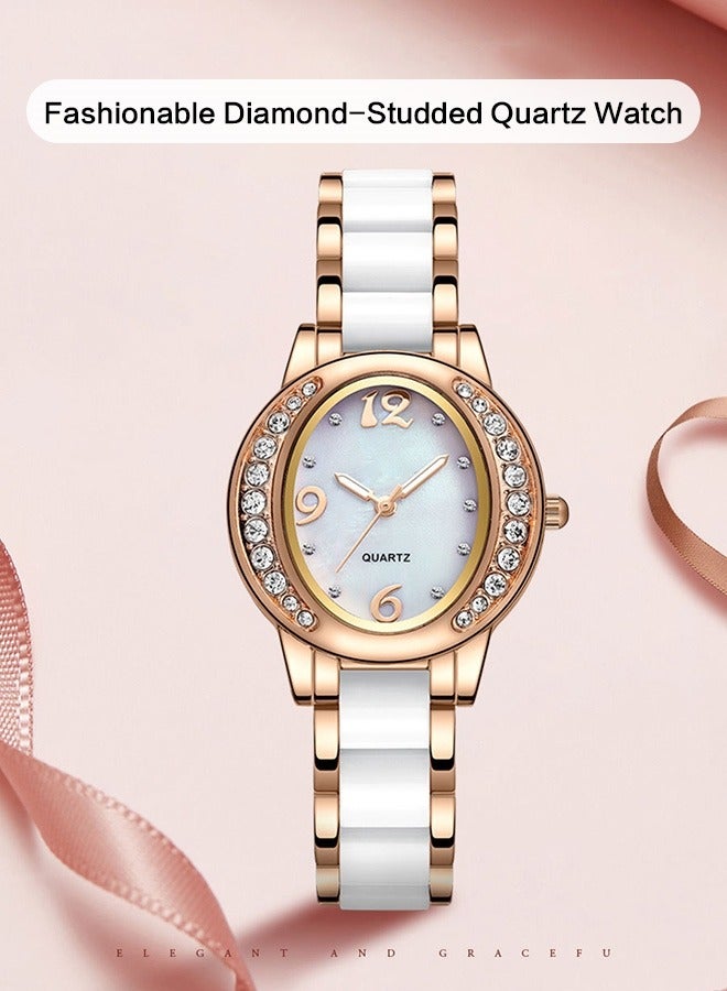 Women's Stainless Steel Strap Bracelet Watch Set Analog Display Oval Dial Quartz Watch with Diamond-Set Bezel and Stylish Bracelet Elegant Watch Set as Gift for Ladies  - Image 1