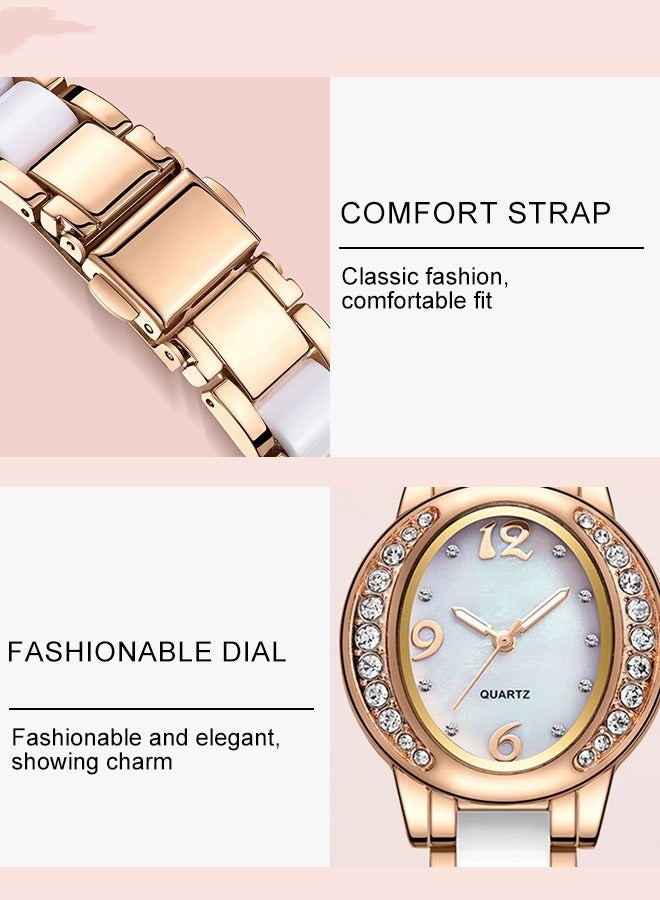 Women's Stainless Steel Strap Bracelet Watch Set Analog Display Oval Dial Quartz Watch with Diamond-Set Bezel and Stylish Bracelet Elegant Watch Set as Gift for Ladies  - Image 2