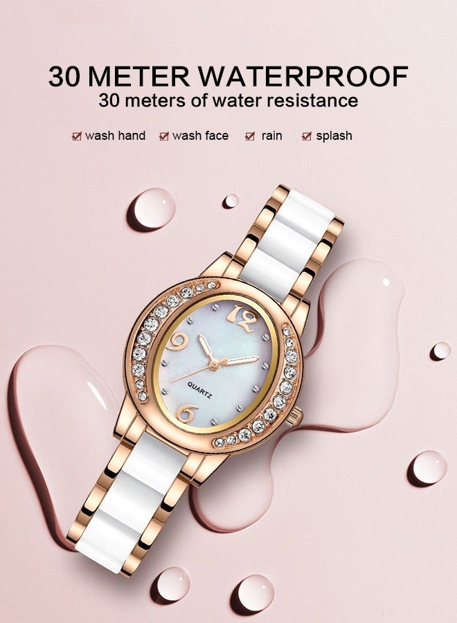 Women's Stainless Steel Strap Bracelet Watch Set Analog Display Oval Dial Quartz Watch with Diamond-Set Bezel and Stylish Bracelet Elegant Watch Set as Gift for Ladies  - Image 3