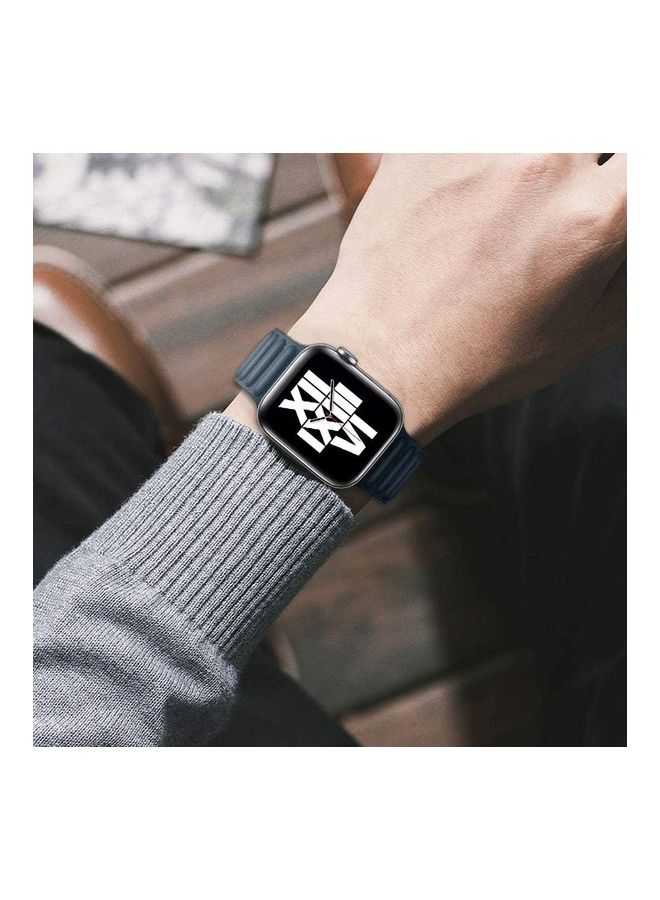 Loquat Watch Band Compatible with Apple Watch Series 7 6 5 4 3 2 1, Durable Magnetic Genuine Leather Strap Compatible for Watch Band Size 42mm 44mm 45mm(Blue/Brown) Navy Blue - Image 3