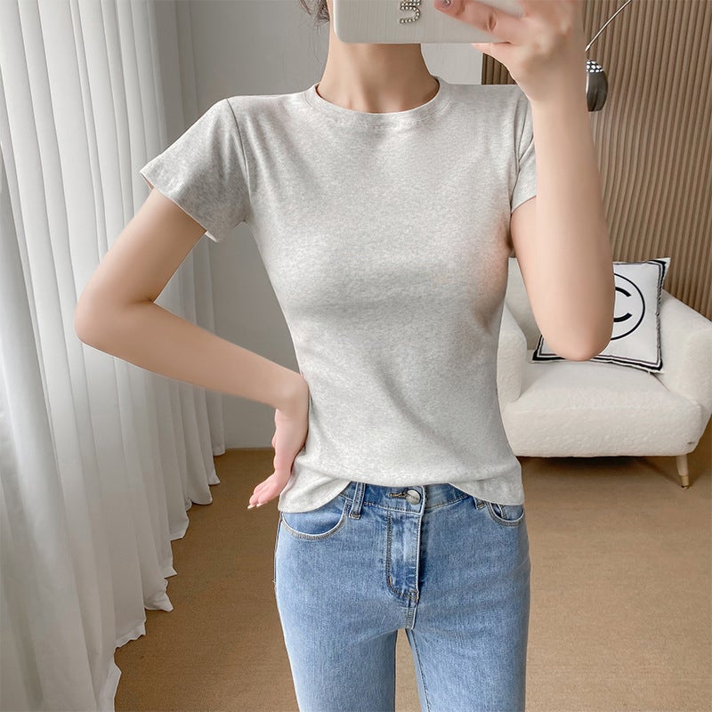 Racquet Cotton Linen Grey Pullover Women'S Base Shirt Small High Collar Top Fashionable Stylish Shoulder Short Sleeve Women - Image 1