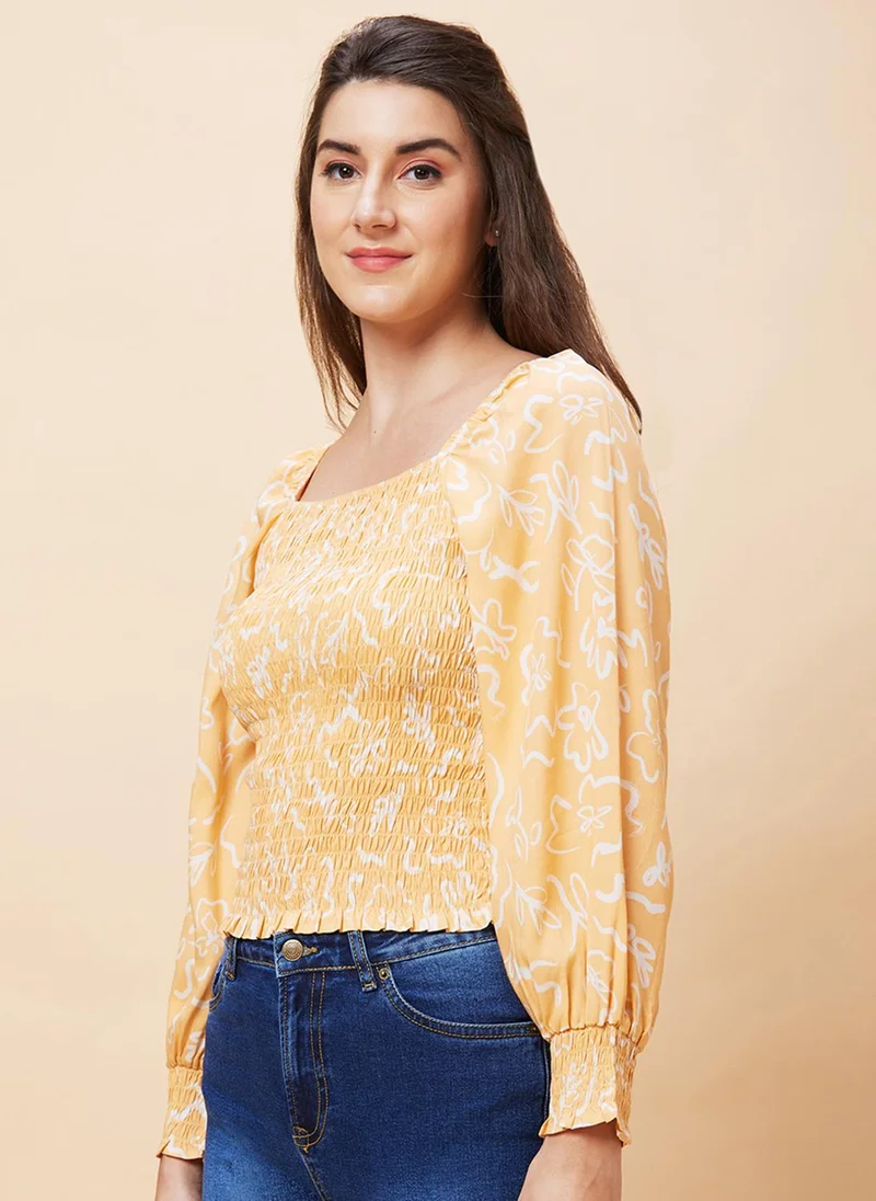 جلو باص بلوزة نسائية مطبوعة بالزهور بياقة مطاطية ومقاس مناسب