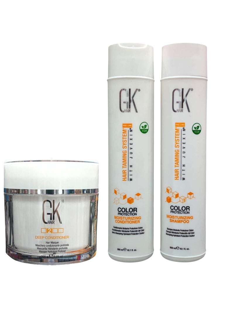 مجموعة GK Hair للعناية بالشعر المصبوغ – شامبو ترطيب 300مل + بلسم ترطيب 300مل + ماسك ترطيب عميق 200مل – حماية اللون بخلاصة جافكسين