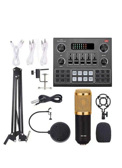 Mike Music Multifunctional Live V9 Sound Card and BM800 Suspension Microphone Kit Broadcasting Condenser Microphone Set Intelligent Webcast Live Sound Card for Computers and Mobilephone v9,