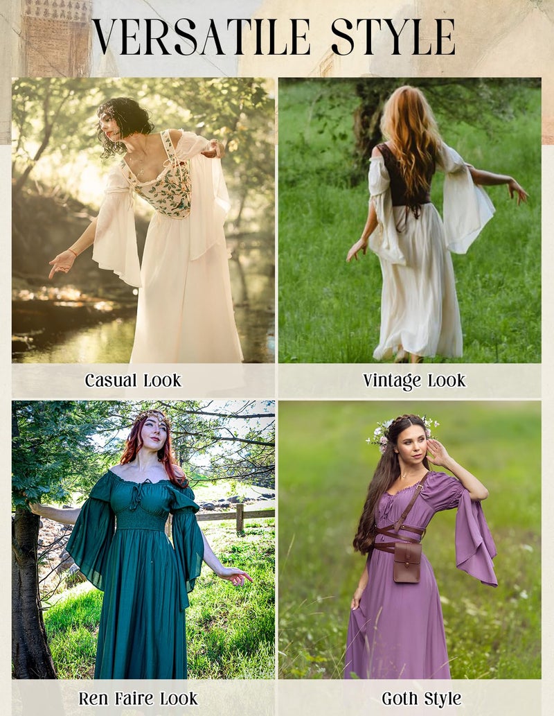 Scarlet Darkness Women Cottagecore Vintage Dress Renaissance Viking Elf Pirate Costume Bell Sleeve Dress Apricot XXL - Image 5