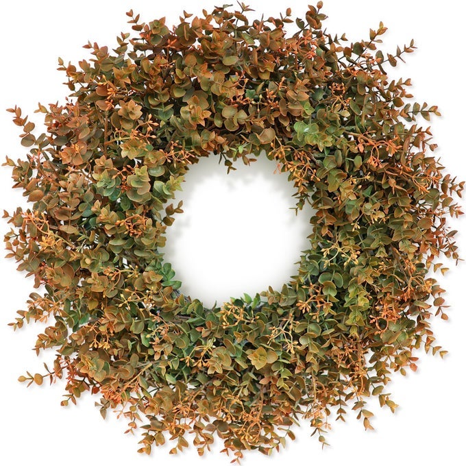 26 FALL WREATH FOR FRONT DOOR LARGE ARTIFICIAL EUCALYPTUS LEAVES WITH ORANGE SEEDS OUTDOOR WREATH FOR PORCH WINDOWFARMHOUSEHOMETHANKSGIVING DAY HARVEST FESTIVAL AUTUMN DECOR
