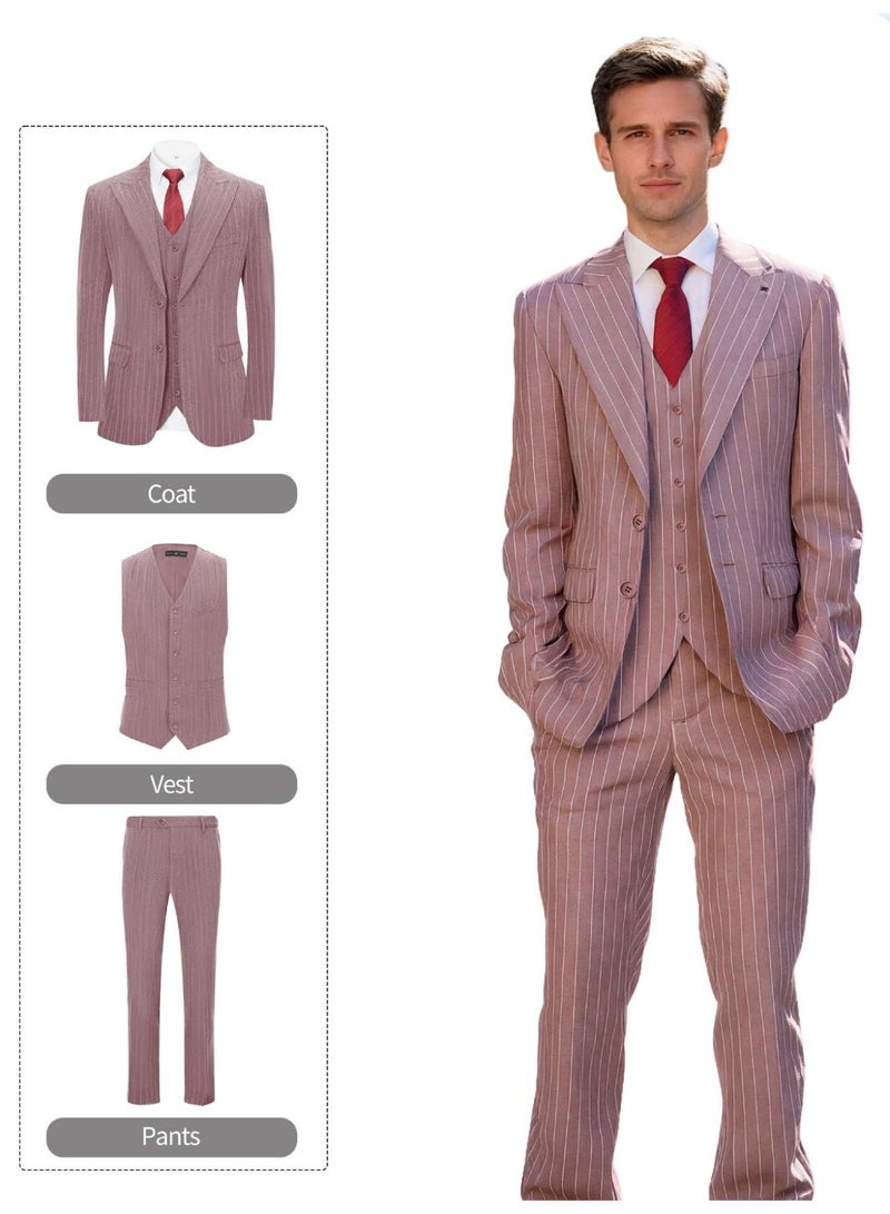 3 Pcs Men Suit Blazer Jacket Vest Pants Pinstripe Peak Collar Two Button Flap Pockets for Wedding Party Dinner Men Elegant Classic Attire - Image 1