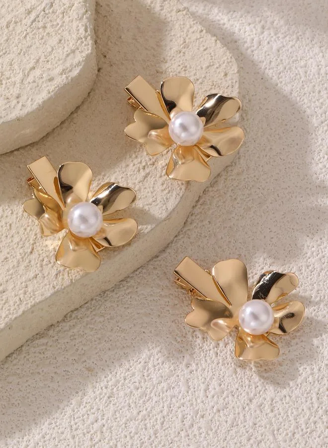 Take Two  Pack of 3 - Gold Tone Pearl Embellished Flower Hair Clips for Women | Best Price UAE