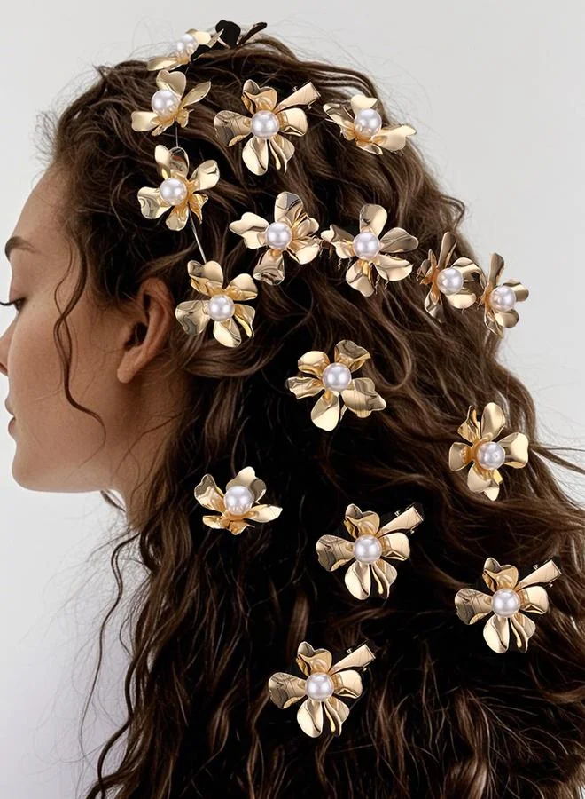 Take Two Pack of 3 - Gold Tone Pearl Embellished Flower Hair Clips