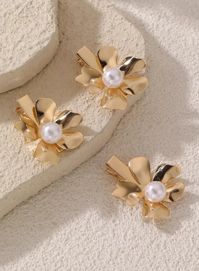 Take Two  Pack of 3 - Gold Tone Pearl Embellished Flower Hair Clips for Women | Best Price UAE