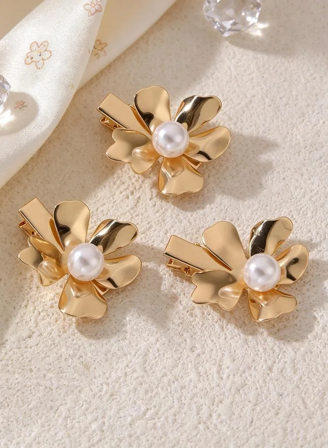 Take Two  Pack of 3 - Gold Tone Pearl Embellished Flower Hair Clips for Women | Best Price UAE