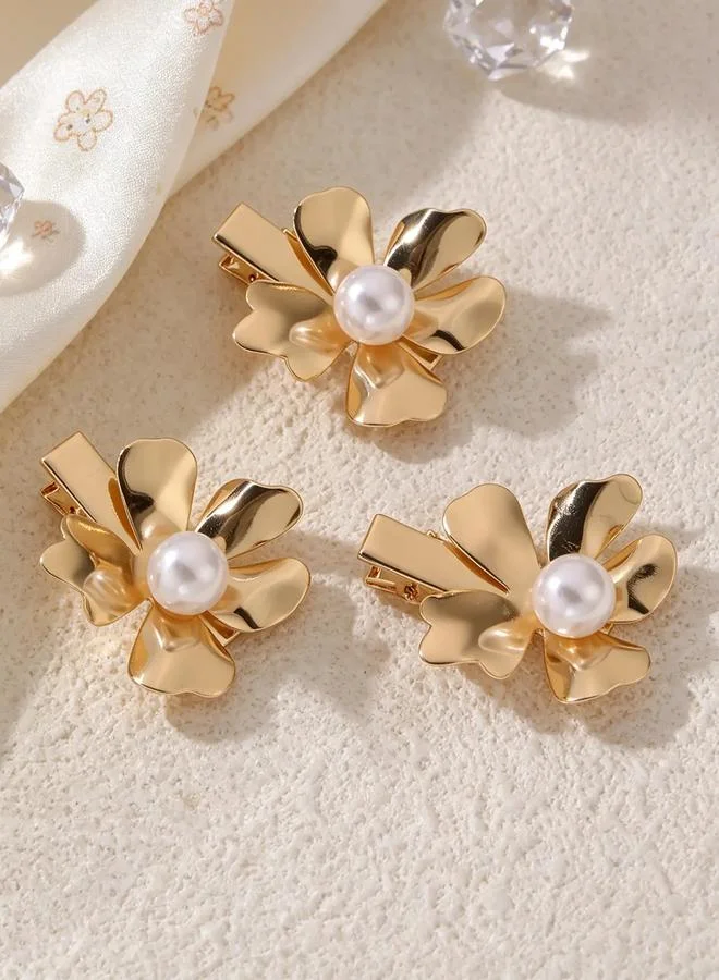 Take Two  Pack of 3 - Gold Tone Pearl Embellished Flower Hair Clips for Women | Best Price UAE