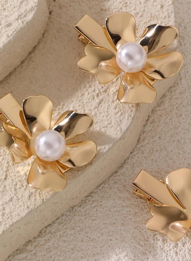 Take Two Pack of 3 - Gold Tone Pearl Embellished Flower Hair Clips