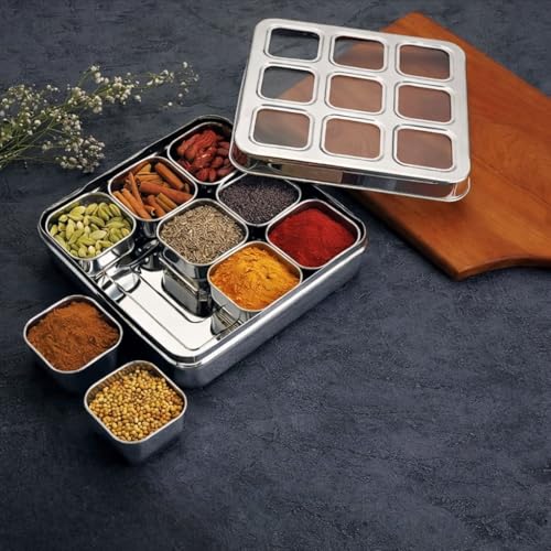 VISAXMI Stainless Steel Masala Box For Kitchen | Spice Box For Kitchen | Masala Dabba Steel | Airtight Masala Dani With 9 Square Bowl & See Through Lid | Square Spice Organiser 1 Spoon,Silver - Image 4