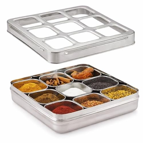VISAXMI Stainless Steel Masala Box For Kitchen | Spice Box For Kitchen | Masala Dabba Steel | Airtight Masala Dani With 9 Square Bowl & See Through Lid | Square Spice Organiser 1 Spoon,Silver - Image 3