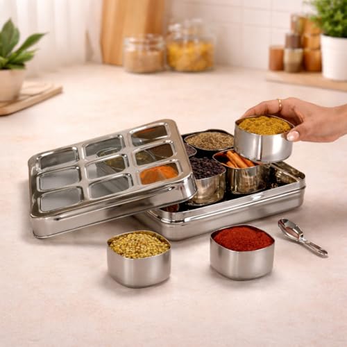VISAXMI Stainless Steel Masala Box For Kitchen | Spice Box For Kitchen | Masala Dabba Steel | Airtight Masala Dani With 9 Square Bowl & See Through Lid | Square Spice Organiser 1 Spoon,Silver - Image 1