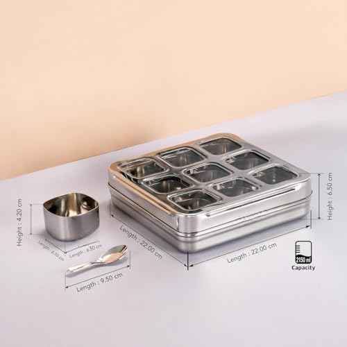 VISAXMI Stainless Steel Masala Box For Kitchen | Spice Box For Kitchen | Masala Dabba Steel | Airtight Masala Dani With 9 Square Bowl & See Through Lid | Square Spice Organiser 1 Spoon,Silver - Image 5