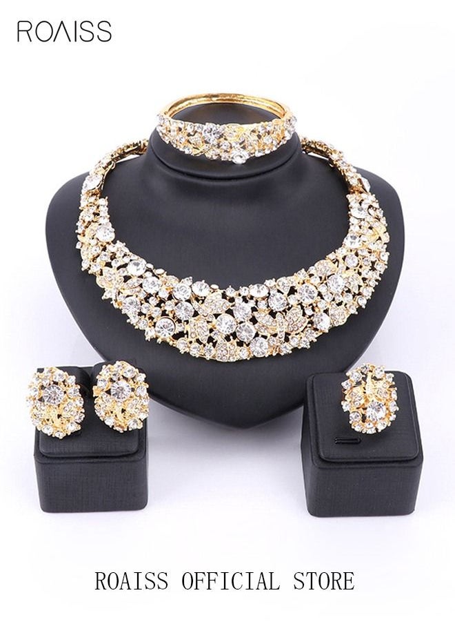 roaiss - 4-Piece Full Rhinestone Bride Wedding Wear Jewelry Set Necklace with Diamonds Bracelet Earrings Ring for Women Golden - Image 1