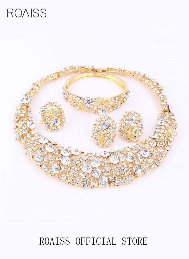 roaiss - 4-Piece Full Rhinestone Bride Wedding Wear Jewelry Set Necklace with Diamonds Bracelet Earrings Ring for Women Golden - Image 1