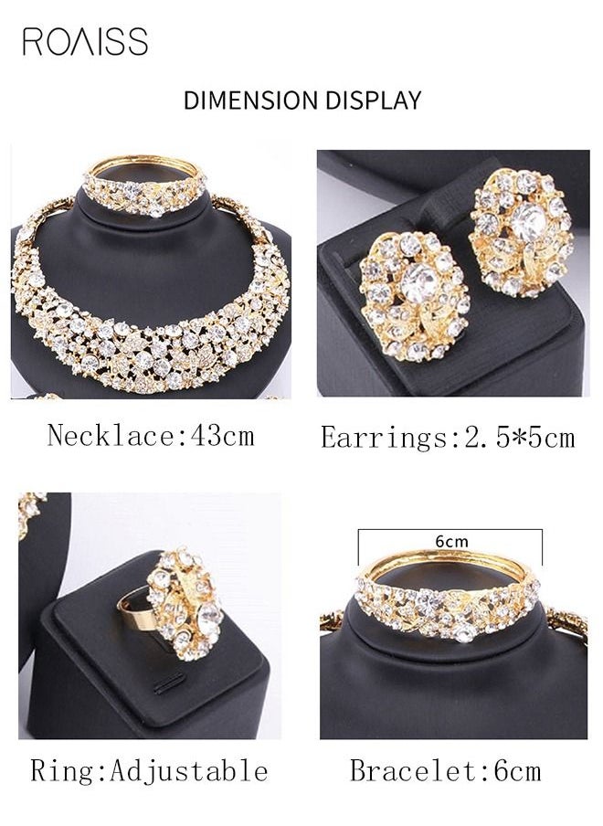 roaiss - 4-Piece Full Rhinestone Bride Wedding Wear Jewelry Set Necklace with Diamonds Bracelet Earrings Ring for Women Golden - Image 1