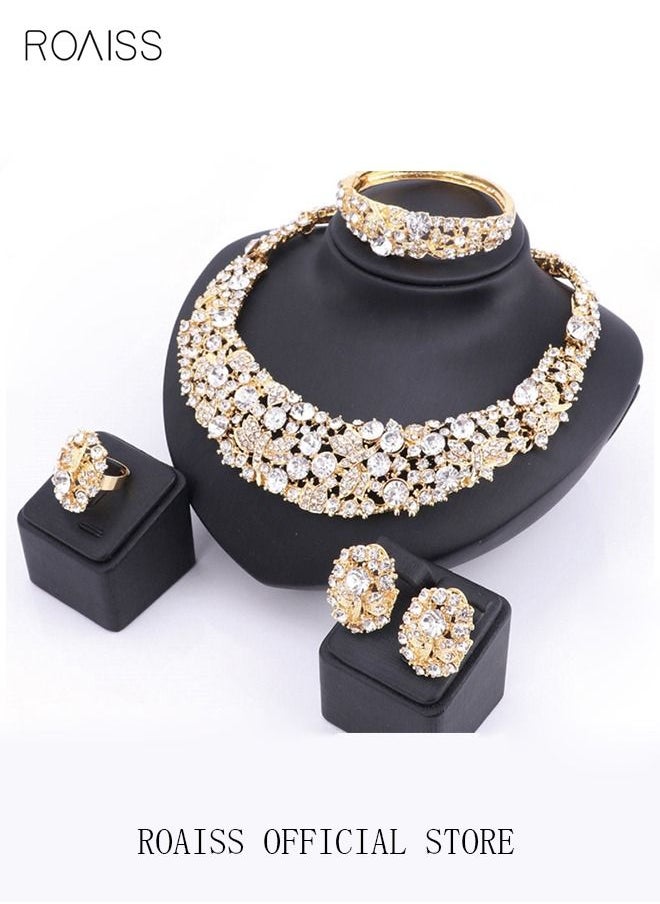 roaiss - 4-Piece Full Rhinestone Bride Wedding Wear Jewelry Set Necklace with Diamonds Bracelet Earrings Ring for Women Golden - Image 1