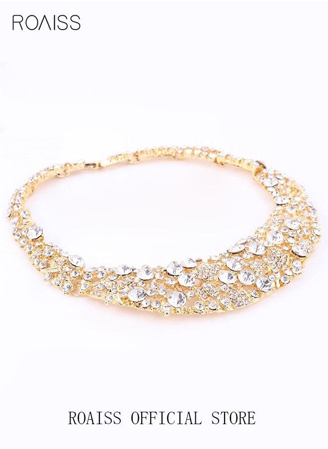 roaiss - 4-Piece Full Rhinestone Bride Wedding Wear Jewelry Set Necklace with Diamonds Bracelet Earrings Ring for Women Golden - Image 1
