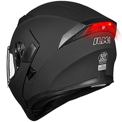 ILM Motorcycle Dual Visor Flip up Modular Full Face Helmet DOT LED Light Model 902L M Matte Black LED