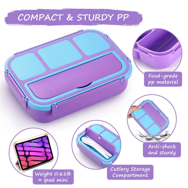 QQKO Bento Lunch Box with 4 Compartments, Sauce Container, Utensils, Food Picks and Muffin Cups for School - Purple - Image 4