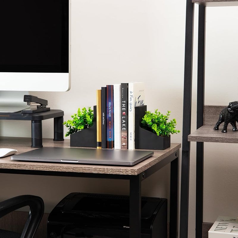 Mind Reader Contemporary Planter Bookends, Book Holders with Faux Greenery, Decorative Desktop or Shelf Organizer, Cement, Set of 2, Black - Image 2