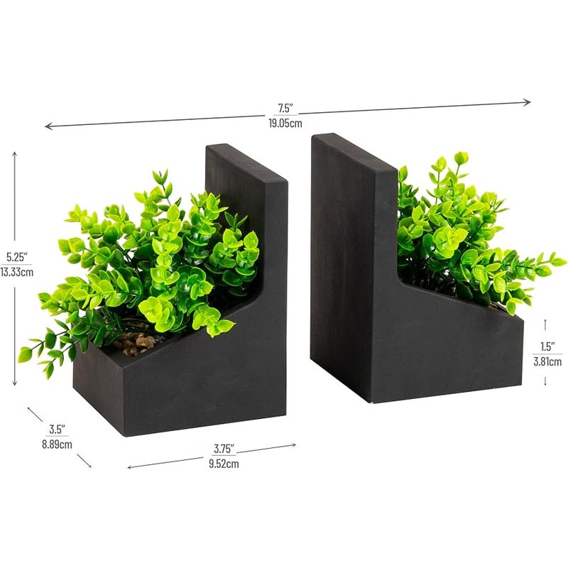 Mind Reader Contemporary Planter Bookends, Book Holders with Faux Greenery, Decorative Desktop or Shelf Organizer, Cement, Set of 2, Black - Image 3