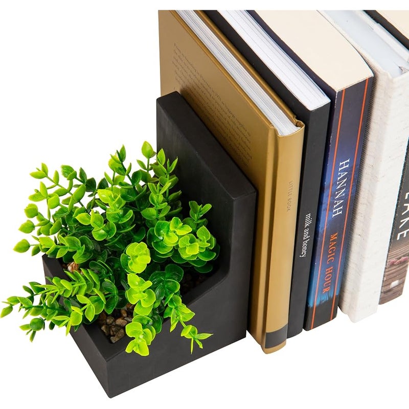 Mind Reader Contemporary Planter Bookends, Book Holders with Faux Greenery, Decorative Desktop or Shelf Organizer, Cement, Set of 2, Black - Image 4