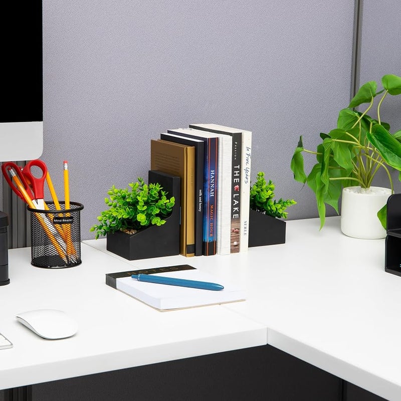 Mind Reader Contemporary Planter Bookends, Book Holders with Faux Greenery, Decorative Desktop or Shelf Organizer, Cement, Set of 2, Black - Image 5