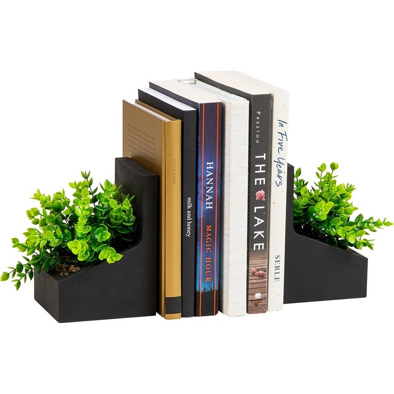 Mind Reader Contemporary Planter Bookends, Book Holders with Faux Greenery, Decorative Desktop or Shelf Organizer, Cement, Set of 2, Black - Image 1