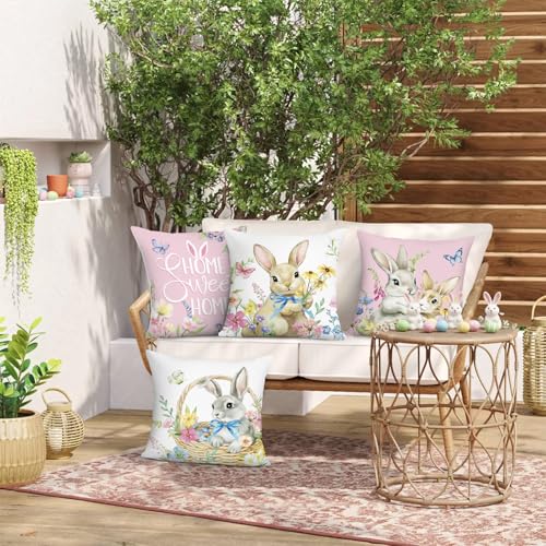 Bonhause Spring Easter Bunny Throw Pillow Covers 18x18 Inch Pink Rabbit Floral Butterfly Home Sweet Home Spring Decor Soft Velvet Decorative Pillow Cases for Couch Sofa Patio Garden Set of 4 - Image 3
