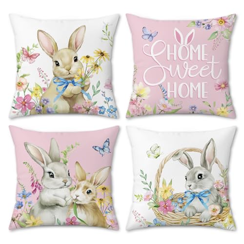Bonhause Spring Easter Bunny Throw Pillow Covers 18x18 Inch Pink Rabbit Floral Butterfly Home Sweet Home Spring Decor Soft Velvet Decorative Pillow Cases for Couch Sofa Patio Garden Set of 4 - Image 1