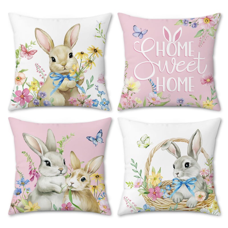 Bonhause Spring Easter Bunny Throw Pillow Covers 18x18 Inch Pink Rabbit Floral Butterfly Home Sweet Home Spring Decor Soft Velvet Decorative Pillow Cases for Couch Sofa Patio Garden Set of 4 - Image 2