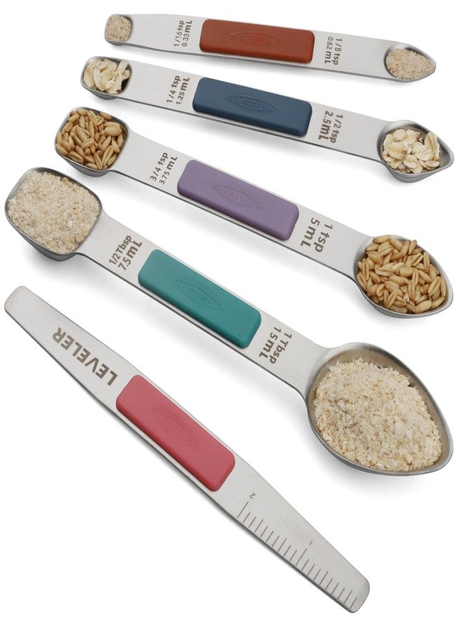 Turewin Magnetic Measuring Spoons Set Stainless Steel Double Sided Measuring Spoons with 1 Leveler Measuring Teaspoon Tablespoon for Dry and Liquid Ingredients (5, Multicolor) - Image 1