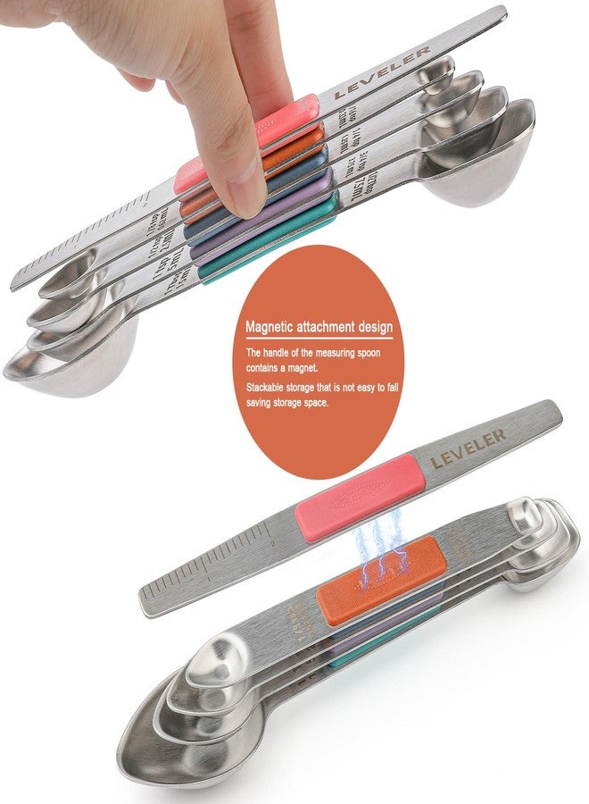 Turewin Magnetic Measuring Spoons Set Stainless Steel Double Sided Measuring Spoons with 1 Leveler Measuring Teaspoon Tablespoon for Dry and Liquid Ingredients (5, Multicolor) - Image 3