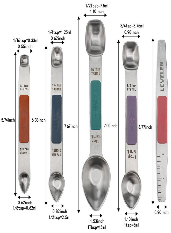 Turewin Magnetic Measuring Spoons Set Stainless Steel Double Sided Measuring Spoons with 1 Leveler Measuring Teaspoon Tablespoon for Dry and Liquid Ingredients (5, Multicolor) - Image 2
