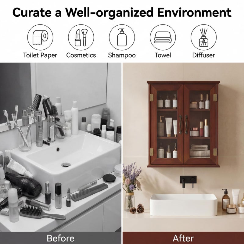 ChooChoo Bathroom Wall Cabinet, Medicine Cabinet with Acrylic Doors, Wall Mounted Over The Toilet Storage Cabinet with Adjustable Shelves for Bathroom, Kitchen, and Laundry Room, Walnut - Image 4